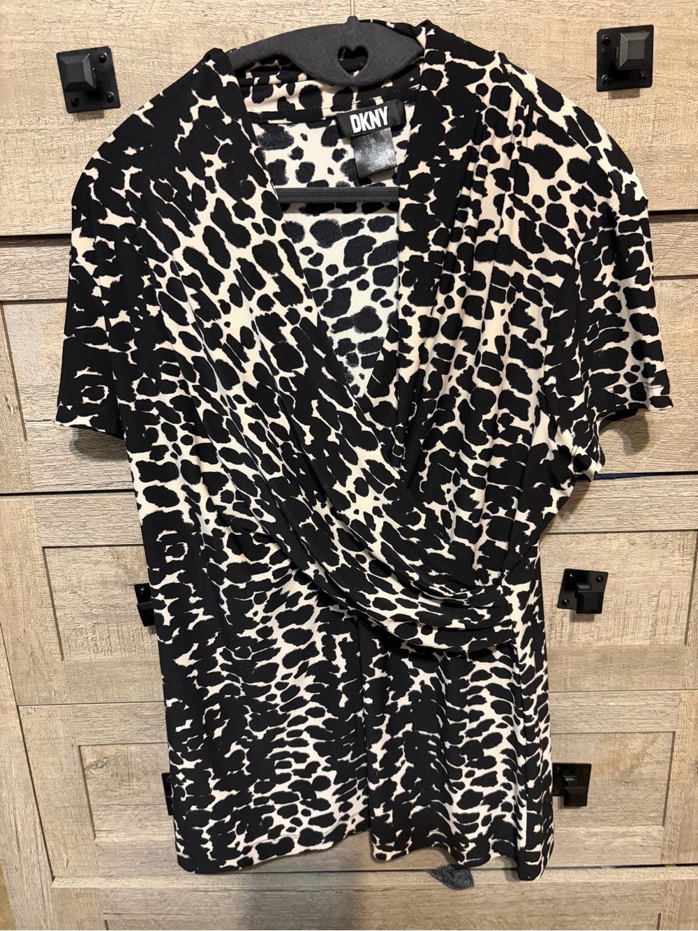 DKNY Black and White Animal Print Draped V-Neck Top